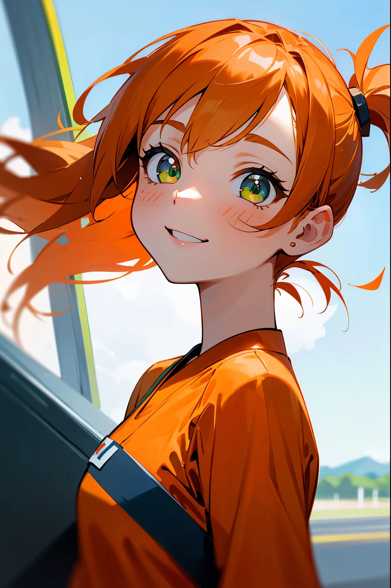 girl、solo、looking up from below、Orange Clothes、orange hair、Side Ponytail、Beautiful green eyes、Smile Yan、close-up of a small sports girl's upper body、airport、airportロビー