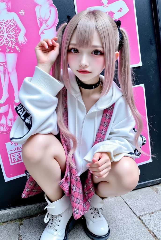 there is a woman sitting on the ground with headphones on, girl with short white hair, white hime cut hairstyle, she is wearing streetwear, belle delphine, ulzzang, japanese streetwear, cute girl with short pink hair, black hair and white bangs, anime girl in real life, her hair is white, hair whitebangs hair, portrait a woman like reol