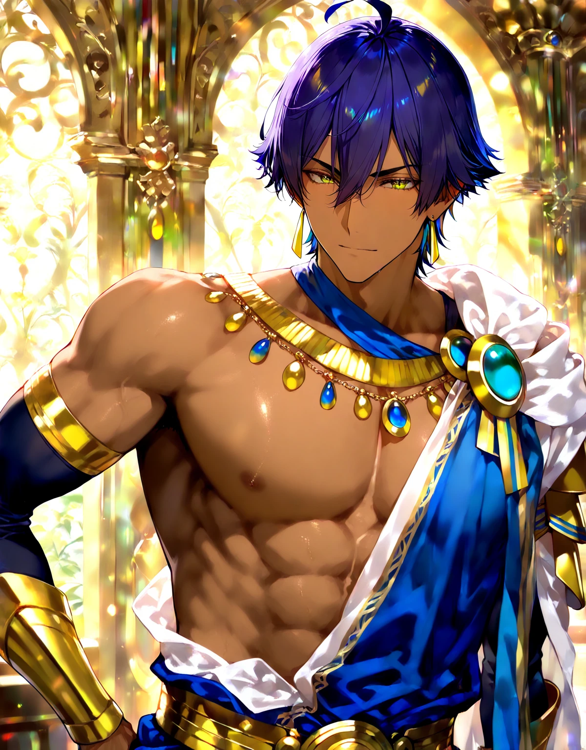 The image features an anime-style character with gray hair and golden eyes. He is wearing gold accessories, including armbands and a necklace. The character is shirtless, showing a well-defined muscular torso, and is wearing a purple cloth around his waist with decorative elements. He appears relaxed, with his arms behind his head, against a dark, possibly starry, background.
