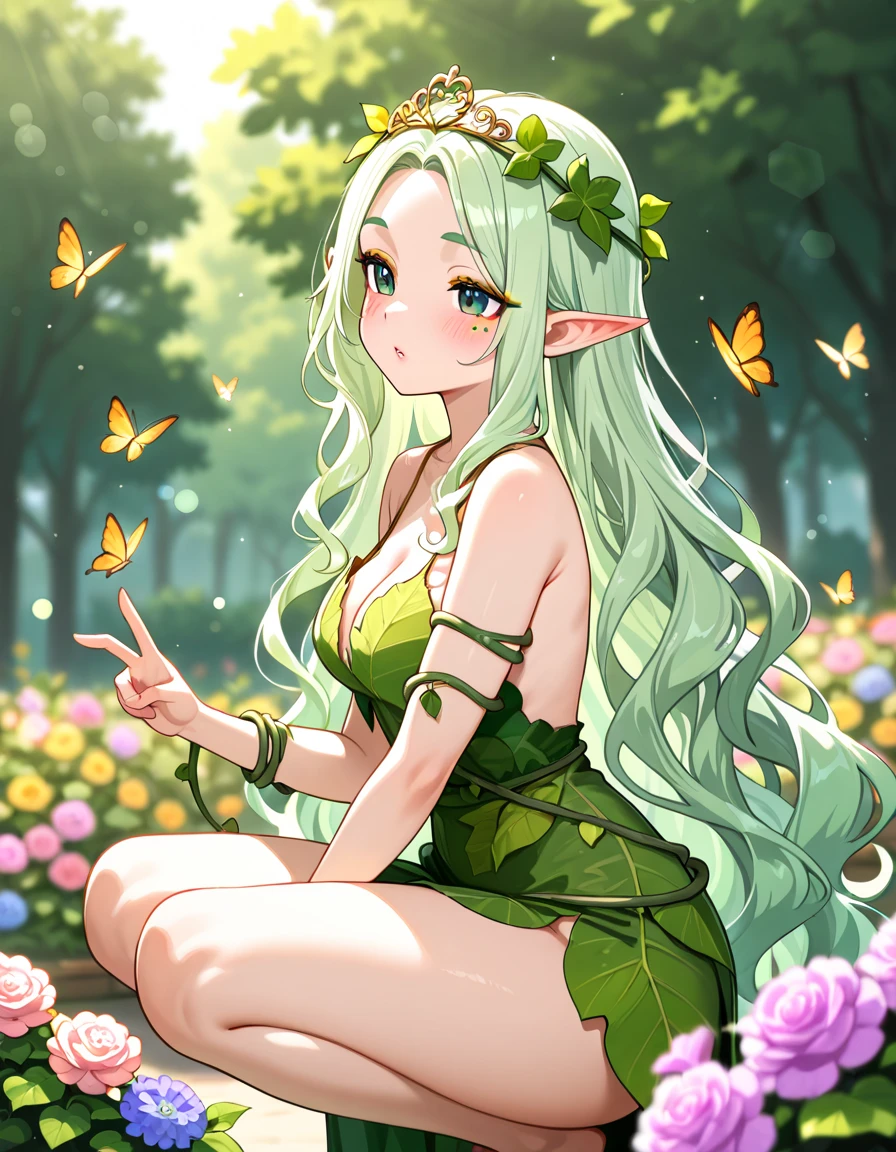 1girl, green theme, abstract, leaf, elf, fractal flowers background