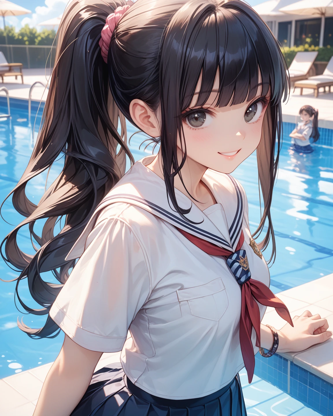 (((perfect anatomy,realistic:1.3,RAW Photography:1.3,masterpiece、highest quality、Ultra - High resolution、High resolution、Highly detailed CG、8K))),cowboy shot,1 female,solo,18-year-old、High school girl swordsman、18-year-oldの美少女,Japanese,((beautiful detailed face and eyes:1.3,big gorgeous eyes:1.5,gray eyes,tears)),black hair,long bob hair,(center parted hair,forehead),(medium breasts,slender body,small head:1.3,skinny),((oily skin)),(gleaming skin,shiny skin),((sweat:1.7)),((School uniform、Sailor suit、Black sailor collar、Red neckerchief、Pleated black mini skirt),(sweat:1.7),Pool、Outdoor、