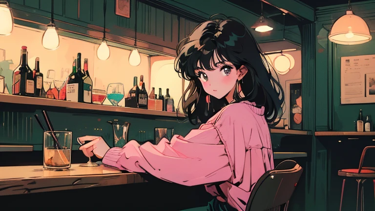 Illustration drawn in 80's cartoon style. It depicts one young woman with short dark red hair. The scene is a bar with an adult atmosphere. The woman exudes a cool and somewhat nostalgic atmosphere. She has a relaxed expression on her face and is sitting on a chair, holding a glass. The background is painted in soft, soothing tones, further emphasizing the chill, contemplative atmosphere.