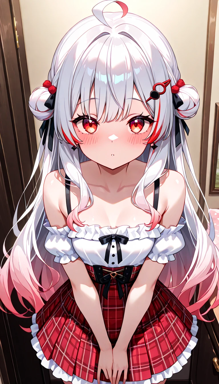 1girl, skinny, big breast, long hair, white hair, (crimson streaks hair), crimson eyes, black underwear, black ruffles of underwear, red small bow on bra, red small bow on panties