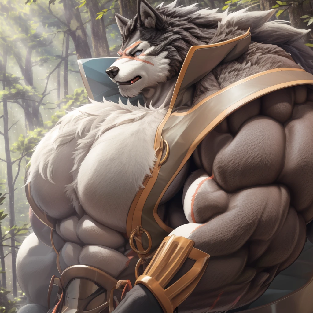 Genn Greymane worgen from World of Warcraft, completely naked, muscular, with light white long thick fur. Lots of extra gray hair on the arms, legs, chest and stomach. Long gray beard, small braids on the beard. Penis and anus visible. Piercing on ears and nipples. Golden eyes. No tail. Wide torso. Detailed wool. A few big Fresh bleeding scars on the body. very close view. draw how i kiss him