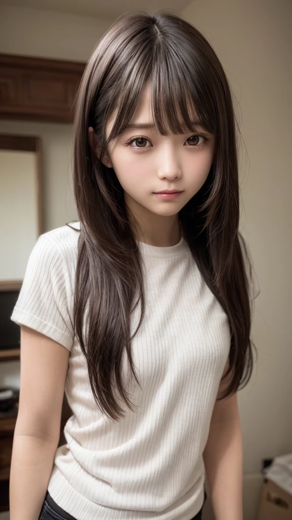 (Top image quality、8K、​masterpiece：1.3))、Realistic high-quality photos、top-quality、girl cute-fine face、 beautiful Japan girl、Photo of slim little girl model、Beautiful girl model、young japanese girl、Young cute face、japanaese girl、13-year-old maldel、Btiful Model Girl、The innocent look of the girl next door、lovely delicate face、Brown hair、Beautiful brown eyes、Tear bag、drooing eyes、young body、poneyTail