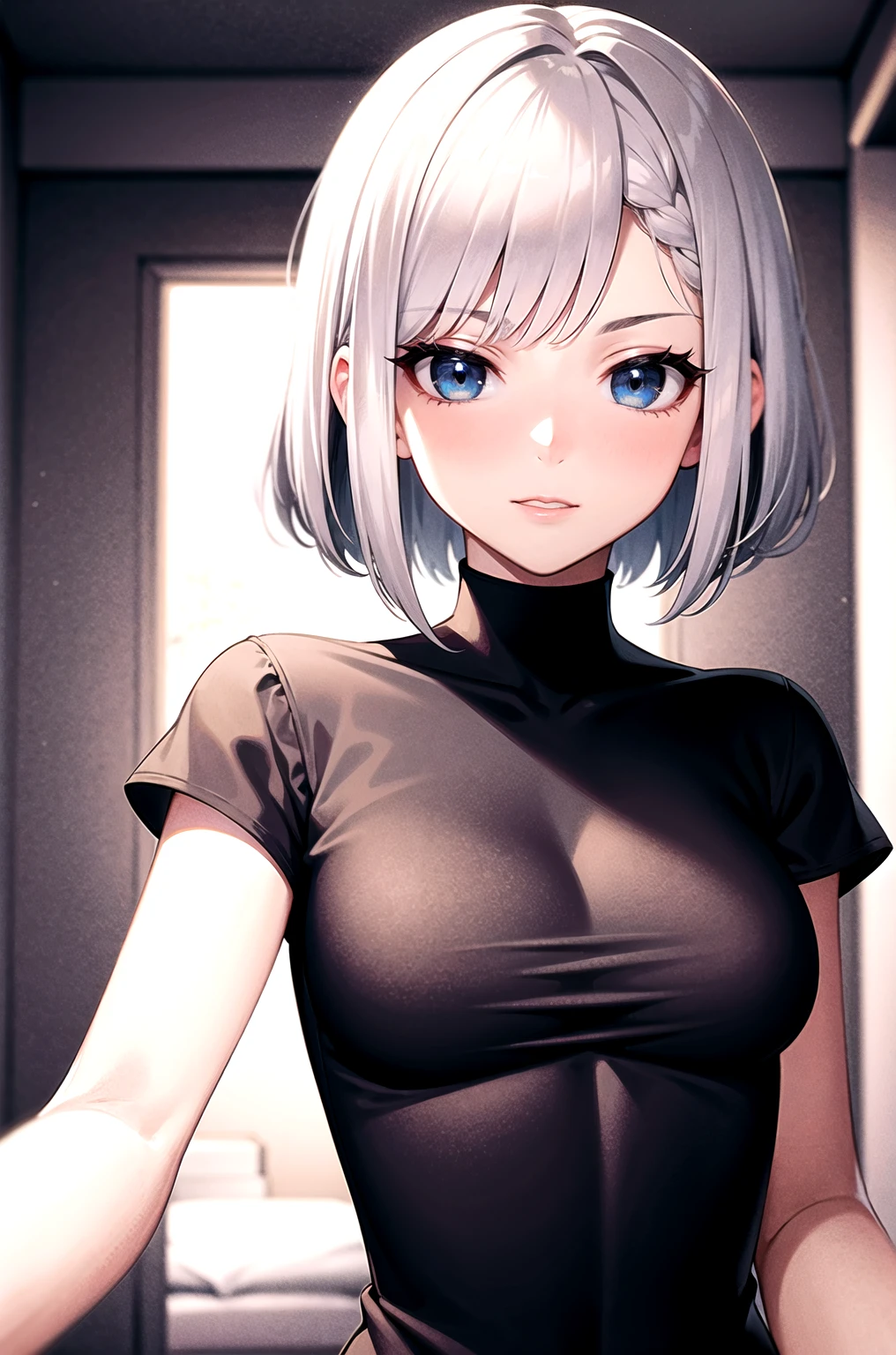 (masterpiece, best quality), 1girl, Silver Gray Ombre Top Knot, Size G breasts, <lora:honzawa_yuuichirou_dadapt_512_32_0p6wd:0.8>