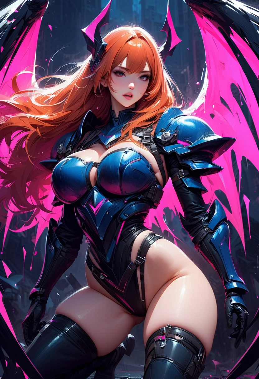 a girl wearing mecha cyber armor,technology bodysuit,smart lines in the costume,cleavage,tech boots,tech gloves,(mechanized valkyrie girl),full body,high heels,intricate details,hyper realistic,8k,award winning,cinematic lighting,dynamic pose,dramatic colors,complex patterns,futuristic,cyberpunk,chiaroscuro lighting,highly detailed,photorealistic,unreal engine,volumetric fog,advanced rendering, technology pistol in hands shining.