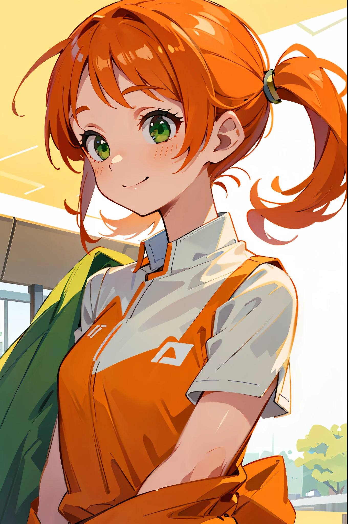 girl、solo、Orange Clothes、orange hair、Side Ponytail、Beautiful green eyes、Smile Yan、close-up of a small sports girl's upper body、airport、airportロビー
