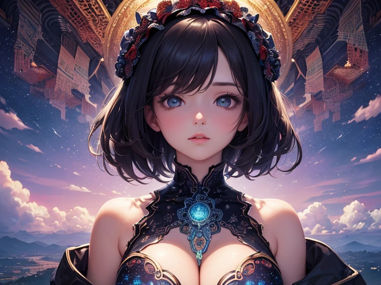 (1 Girl, Beautiful detailed eyes, Beautiful detailed lips, Highly detailed eyes and face, Long eyelashes, Bob cut, Cinematic lighting, Complex fractal patterns, Detailed skin textures, Decorative jewels, Fantasy background, Dreamy, Cinematic lighting, Digital art, Highly detailed, Award winning, 8k,. photorealistic)