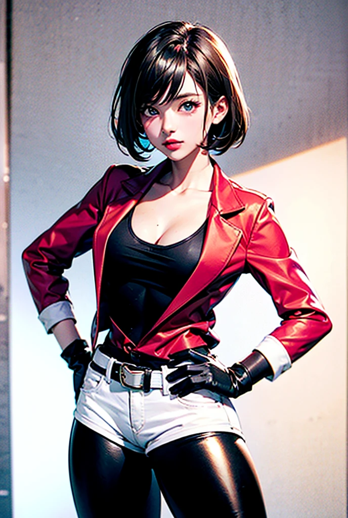 30th Generation One woman Leather jacket Mohawk mowing A worn-out bar Bourbon Perfect and detailed facial expression Perfect and detailed eye depiction Perfect and detailed hair Perfectly detailed upper body Perfect and detailed breast depiction