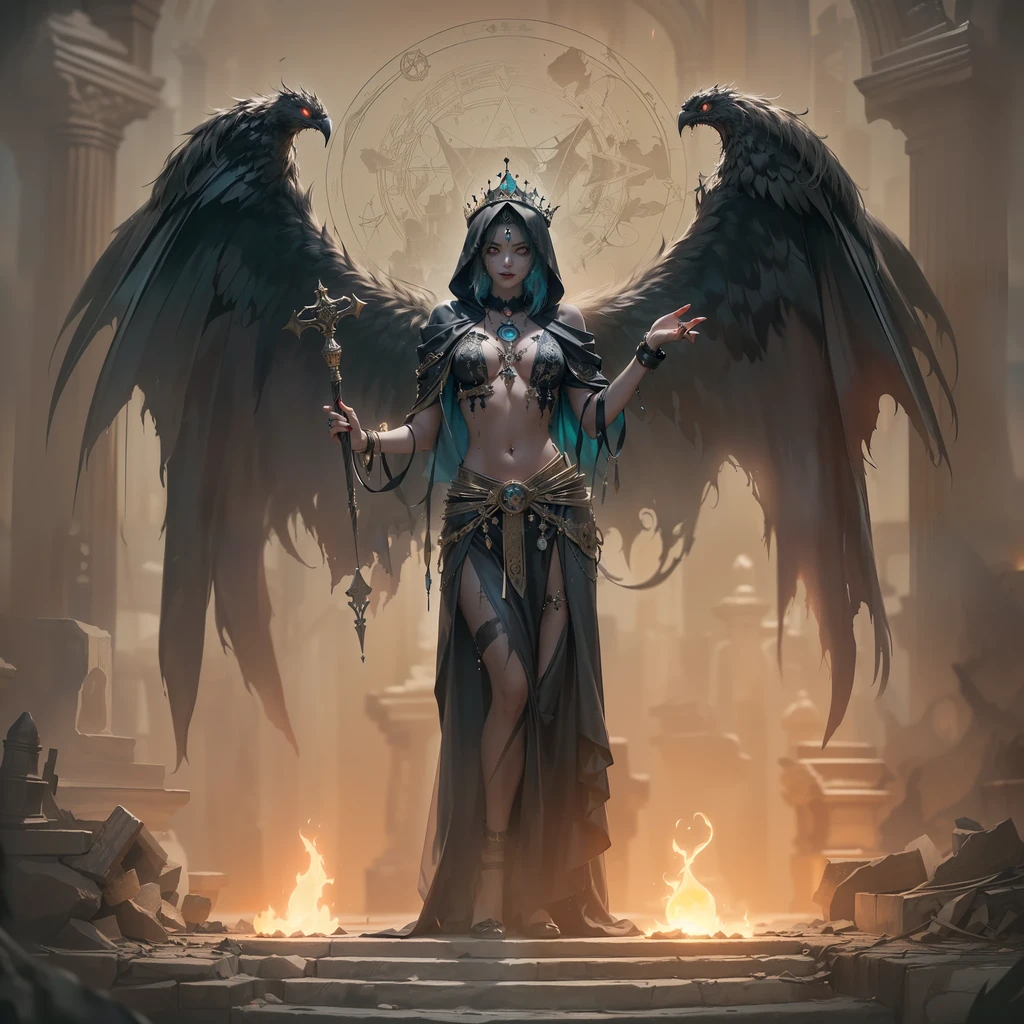 Imaginary creatures pounce,Part of the Sphinx、Full body,Anthropomorphic Sphinx、woman body、red eyes、cruel、Pharaoh's clothes、Realistic Digital, Humanoid、Convoluted, epicd, Dramatic, masutepiece, high detailing, Best Quality, 超A high resolution、Horror movie lighting