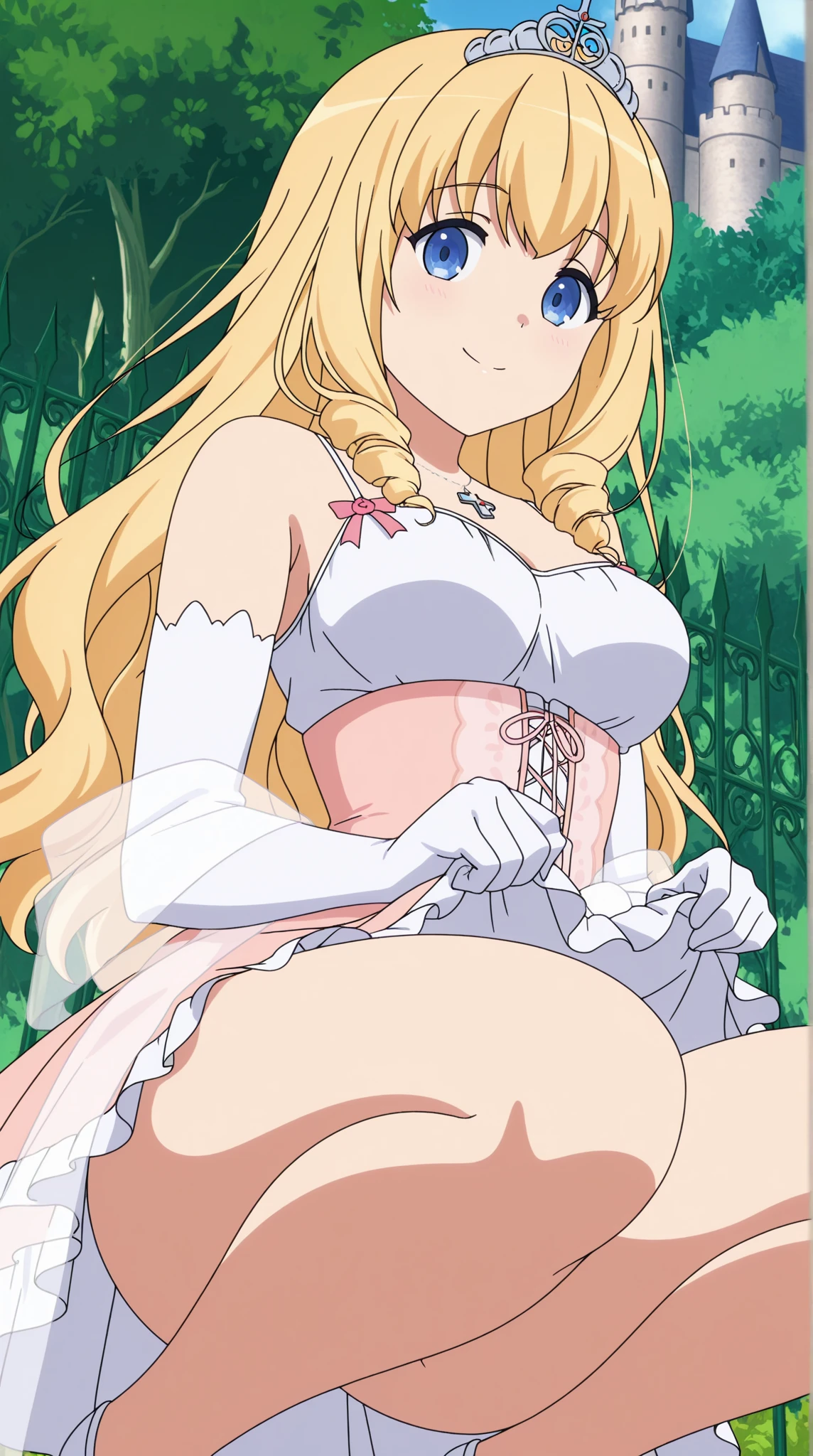 <lora:Sapphire:0.8>Sapphire, blonde_hair, red_eyes, long_hair, drill_hair, choker, veil, tiara, ï¼huge_breasts:1.2), cleavage, night,
nsfw, anime style, best quality, high resolution, 1girl, maid, fril skirt, indoors, cafe, skirt lift, white panties, (blush:1.2), >:(, hairband, Beautiful face, from below, garter belt,
1990s \(style\), anime, anime_screencap, animated gif, mp4 ,video, animated,