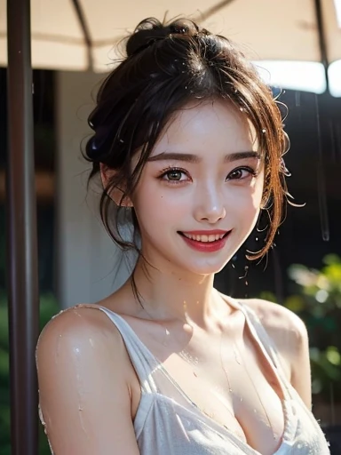 ((Highest quality、masterpiece、High resolution))、(((Zoom photo of upper body、Brown Hair)))、(A shy smile:1.2)、One Woman、Beautiful Skin、Beautiful Eyes、Cleavage、Completely naked、Shorn bangs、ponytail、Beautiful nipples are visible