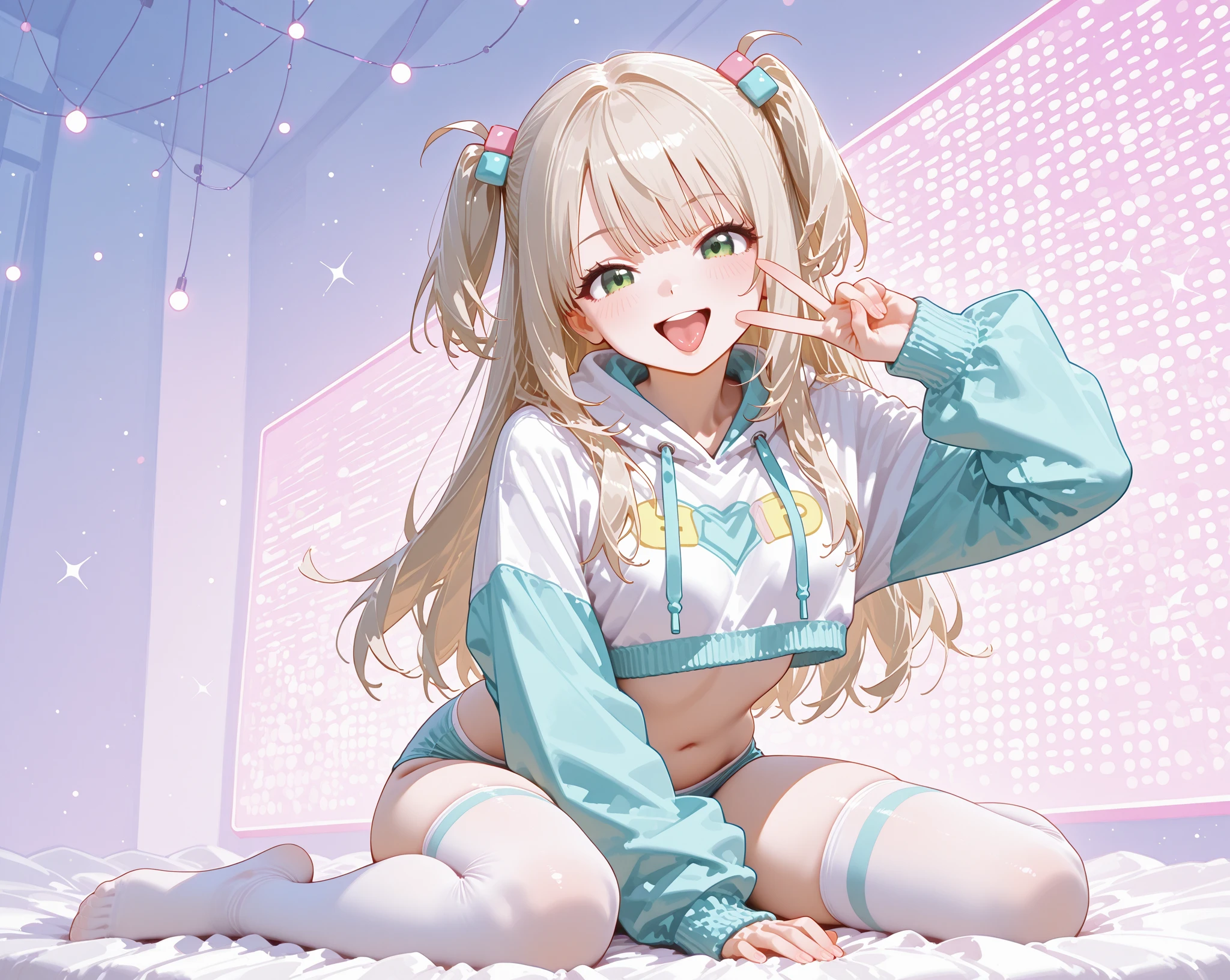 (RAW photo, best quality, masterpiece:1.2), (realistic, photo-realistic:1.4),(masterpiece:1.4),(best quality:1.4),1girl, solo, :d, animal ear headphones, animal ears, arms up, bangs, blush, bodysuit, breasts, bunny pose, clothes writing, covered navel, cowboy shot, cropped jacket, fake animal ears, gloves, outdoor,morning,snow, hair intakes, headphones, impossible bodysuit, impossible clothes, jacket, large breasts, latex, latex bodysuit, long hair, long sleeves, looking at viewer, large breasts, multicolored gloves, open mouth, pink bodysuit, pink eyes, red eyes, red jacket, shiny clothes, shrug \(clothing\), sidelocks, skin tight, smile, thigh gap, thighs, twintails, very long hair, white gloves, white hair,alice \(nikke\),(shiny skin),realistic,