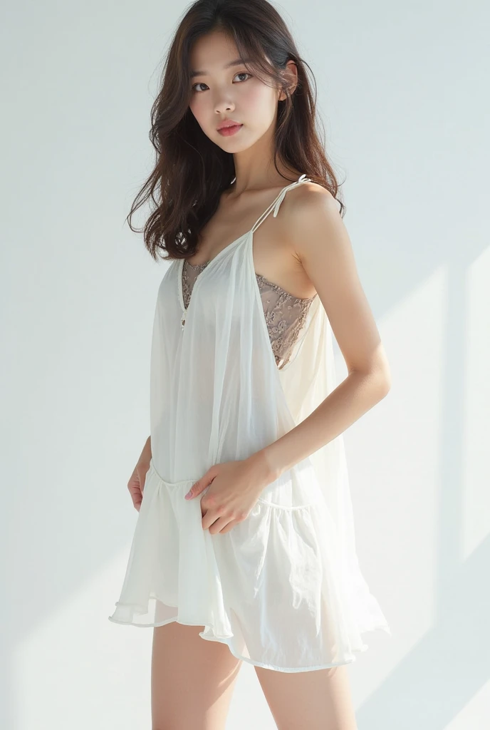 ((1 girl)), Very beautiful Japanese idol portraits, (RAW Photos, Highest quality), (Realistic, Realistic:1.4), (masterpiece), Very delicate and beautiful, Very detailed, 2k wallpaper, wonderful, finely, Very detailed CG Unity 8K 壁紙, Very detailed, High resolution, Soft Light, Beautiful detailed girl, Very detailed目と顔, Beautiful and detailed nose, finelyて美しい目, Cinema Lighting, (Simple light color background:1.3), (Long Hair), (Parted bangs), Complete Anatomy, Slender body, Small breasts, smile, ((Full body shot)), , (White chemise),(Panty lines),Sexy pose,Vibrant,((secretary)),Slender,(Long legs),(White long slip skirt),((race)),Thin silk-like,