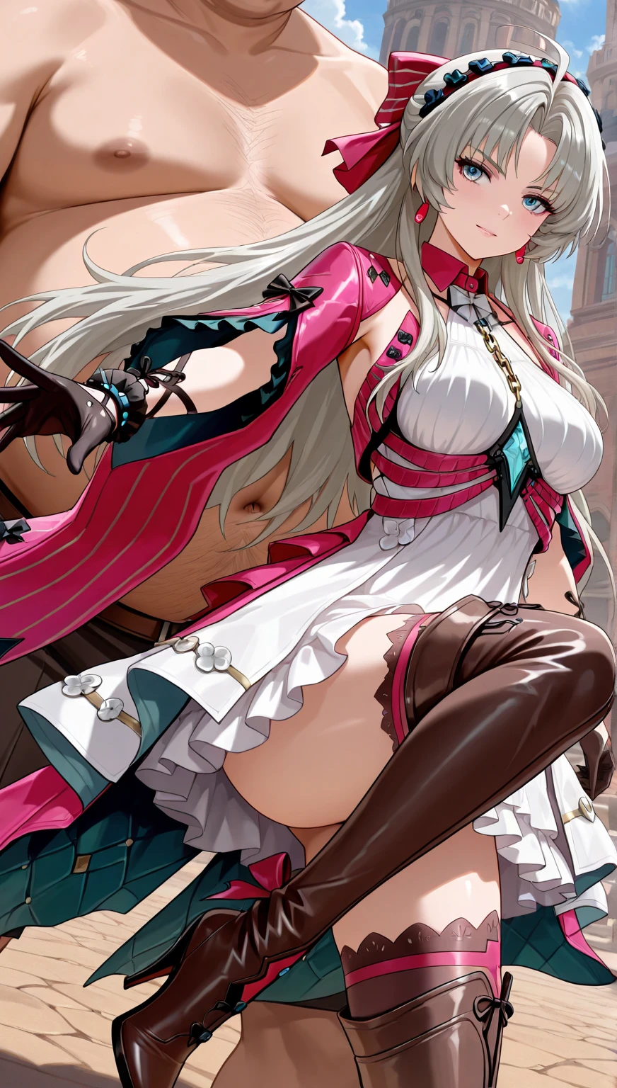 girl, pretty face, beautiful face, mecha musume, sexy cloth, exposing boob, exposing hips, white hair, red eye, futanari, big penis