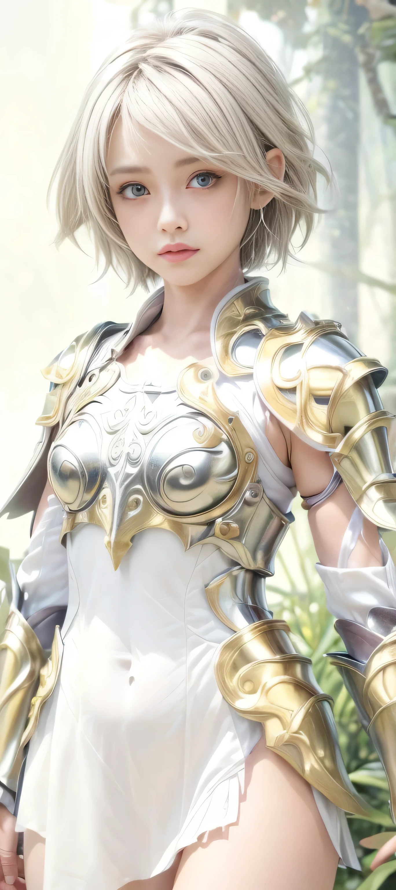 masterpiece, best quality, (realistic,photo-realistic:1.4), (RAW photo:1.2), extremely detailed CG unity 8k wallpaper, delicate and beautiful, amazing, finely detail,official art, absurdres, incredibly absurdres, huge filesize, ultra-detailed, extremely detailed, extremely detailed girl,extremely detailed eyes and face, light on face,little smiles,(short hair:1.7),(white hair:1.3),(jungle background:1.4),lunafreya,(girl:1.3),(god cloth:1.5),(armor:1.5),navel,ponytail,torn clothes, white dress
