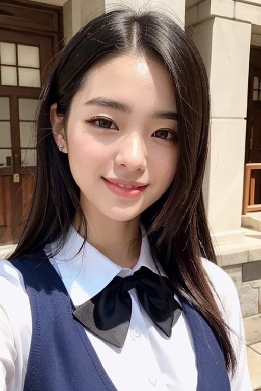 (1 Korean star with royal sister style), ((Best quality, 8K, 巨作: 1.3)), focal point: 1.2, Perfect body proportions: 1.4, (Make a smile),  Watery eyes, Highly Detailed Face and Skin Textur, Fine eyes, Double eyelids, Whitens the skin, (long whitr hair, By bangs: 1.3), (face round: 1.5), (JK school uniform: 1.4), (Lace view: 1.6),(black lence stockings: 1.4),(JK style:1.4),(On the street:1.3),(Zoom out a little further)