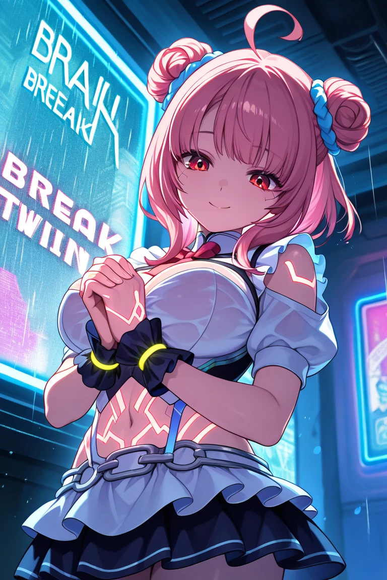 (masterpiece:1.2, best quality:1.2, beautiful, high quality, highres:1.1), detailed, extremely detailed 4K, perfect eyes, perfect face, perfect lighting, <lora:tool_addDetail:0.25>,(1girl, solo, adult female, mature female),
<lora:style_cupidTech_(cupidtech--scifi):0.95>, cupidtech, scifi,
cupidtech outfit, (pink shirt), large breasts, muscular, (bloomers, bloomer shorts, gym clothes), smile, cute,
