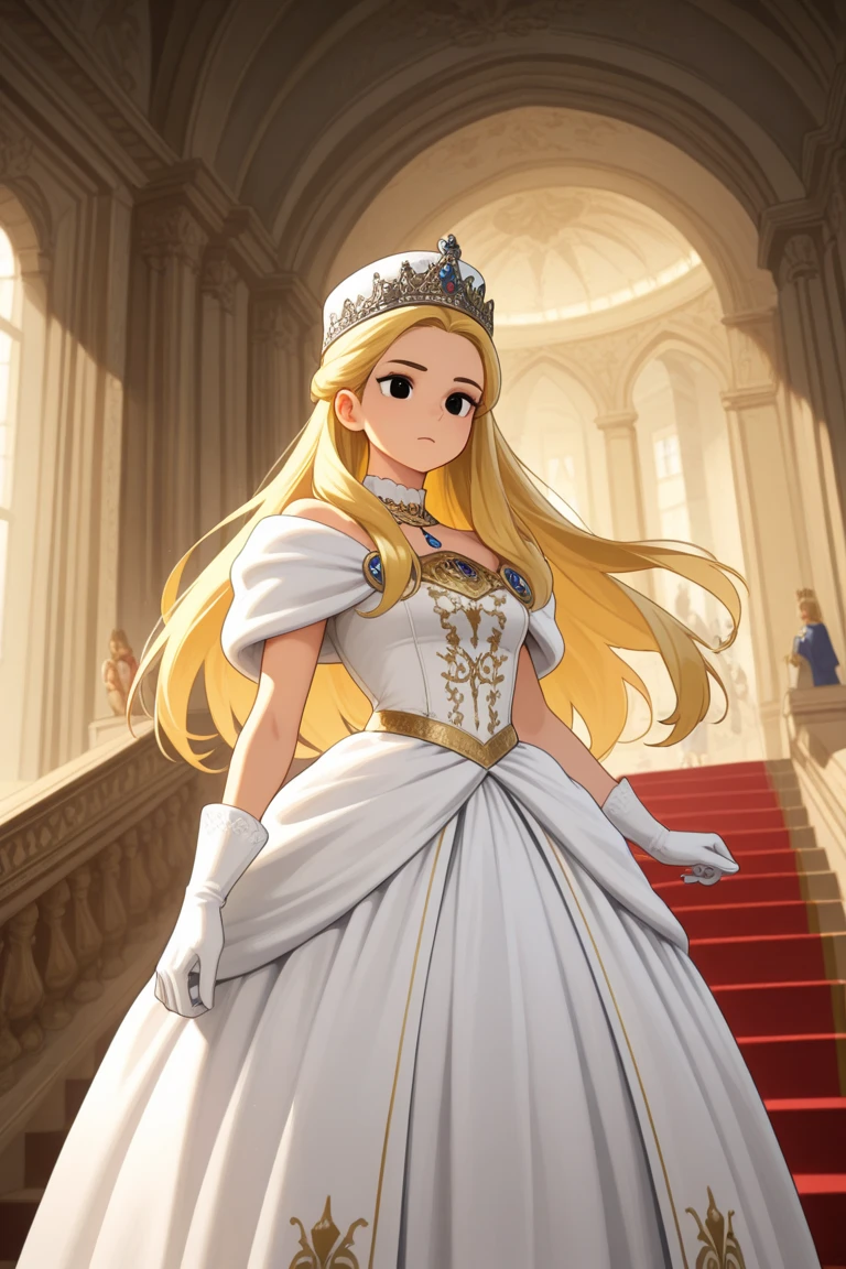 ((Best quality)), ((Masterpiece)), (detailed), (Upper body shot), perfect face perfect figure, fantasy style, fantasy setting, 26 year old, Scandinavian woman, Princess, Golden hair, bun-like hairstyle, bright blue eyes, pale skin, large breasts, tight blue dress, off shoulder, cleavage, diamond tiara, (Background: Indoors, hallways, interior of a royal palace, palace background), high resolution, (ultra-detailed), (best illustration), (best shadow), (absurdres), (perfect hands, perfect anatomy), (4k textures), epic artistic, sharp focus, even lighting, insane details, intricate details, hyperdetailed, rich colors,