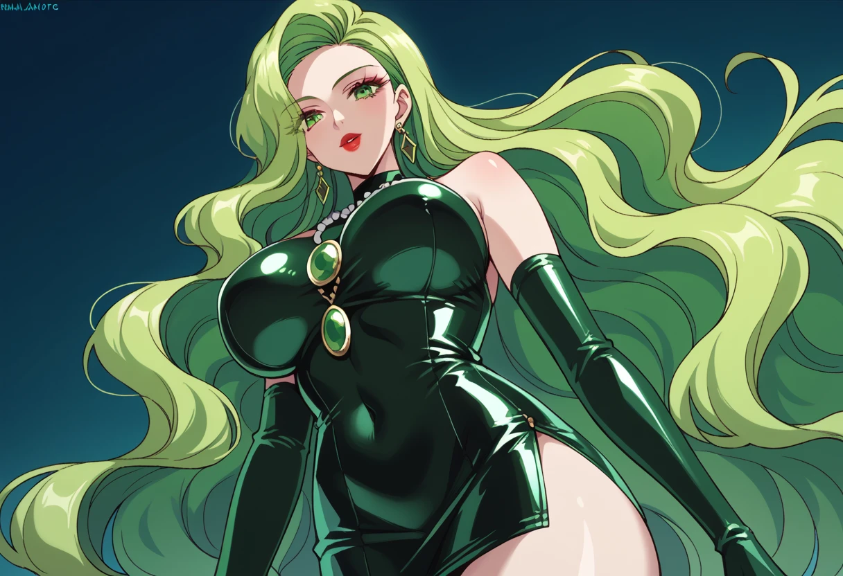 art haikawahemulen, muscle girl, tomboy, red hair, long hair, crazy smile, living hair, blush, green eyes,long dress
