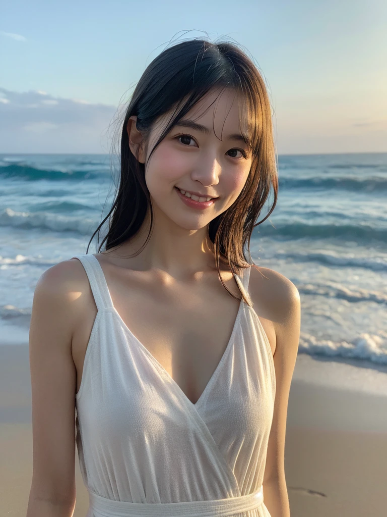 A very cute face like an idol、Looks like a young face、20-year-old female、Gentle and cute、A kind smile、Cleavage、one piece、Beach with beautiful sunset、Natural light、whole body、RAW Photos、Genuine、live-action、Artistic、Real Stick、High resolution、masterpiece