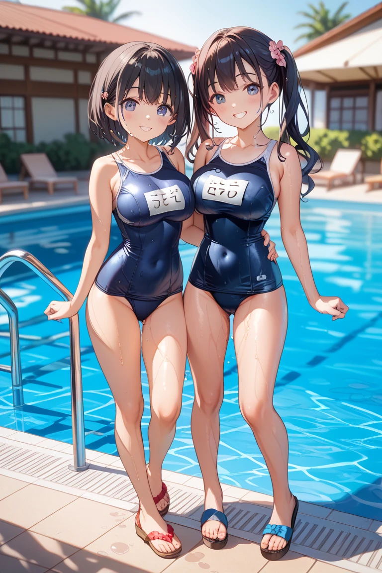 Anime Kawaii sexy Perfect Slim sensual body large breast and huge thighs, An intricate and highly detailed illustration of anime (Young girl).Highest quality、High resolution、Detailed Background、Realistic、(Beautiful face in every detail:1.4)、Anatomically correct、(Normal number of fingers:1.2)、Detailed facial expressions、Detailed eyes、Teenage beauty、Highly detailed face、Huge breasts、Perfect body line、Light color hair、ponytail、Twin tails、White school swimsuit made of see-through material、Wet and transparent、Accentuate your cleavage、My whole body is wet、Blushing、A big smile、Poolside、
(Two beautiful girls having fun at a water park:1.5)、cute