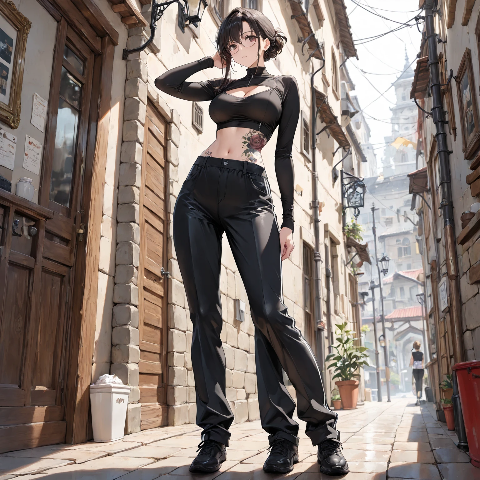 realistic girl with long brown hair and black top standing in front of a wall, anime full body illustration, 2022 realistic style, 1 7-year-old realistic goth girl, from girls frontline, female realistic character, cyberpunk realistic girl