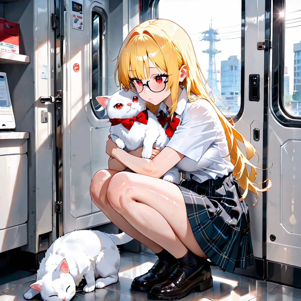 One person, chest, Blushing, Bangs between the eyes, ponytail, Open your mouth a little, Cat ear headphones, Blushing, Dutch Angle, Squatting,Train station,(from below:1.5), (White preated mini skirt:1.3),
