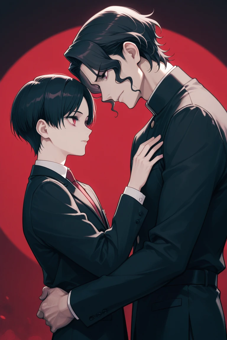 A handsome man with a slim figure, short black hair, black eyes and a smiling face with a bloodstained mouth. A handsome slim man with a sad and hopeless face, short brown hair and brown eyes who was hugging.