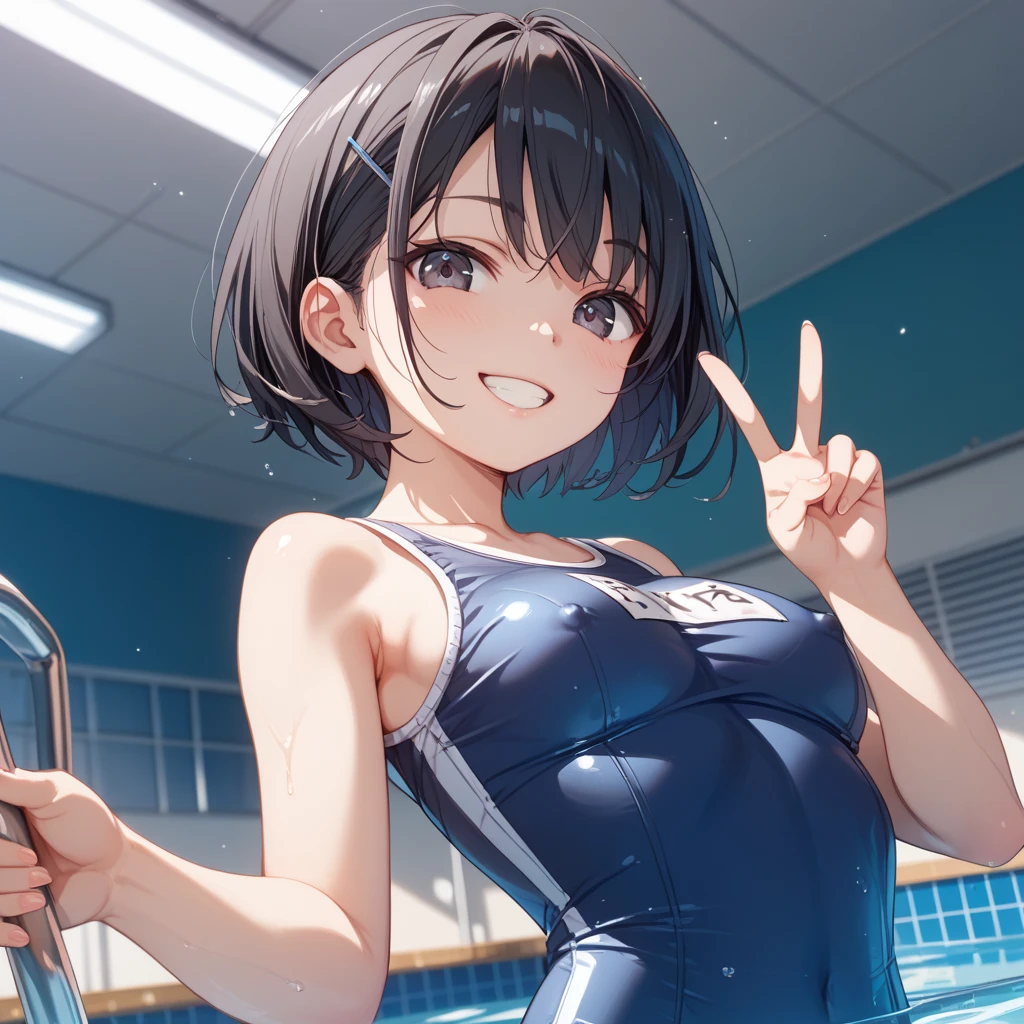(masutepiece:1.1), (Best Quality),(beautiful artwork), r girl, 1girl, (School Swimsuit:1.2), onepiece swimsuit, Wet, Covered navel, Water, Black hair, (Big smile), Brown eyes, day, Small bust, (Wet:1.1),(Water splash:1.1),The swimsuit is wet,(Lens Flare),(Tsurime),(Sweat),(Bokeh:1.2),(brown eyes),cowboy shot,(evil smile),(NAVY BLUE school-swimsuit:1.3),sandy beach,arched body,, navy-blue school-swimwear,brown eyes,black hair,dynamic pose,(big smile),extra long sideburns,short hair,twist waist,running,