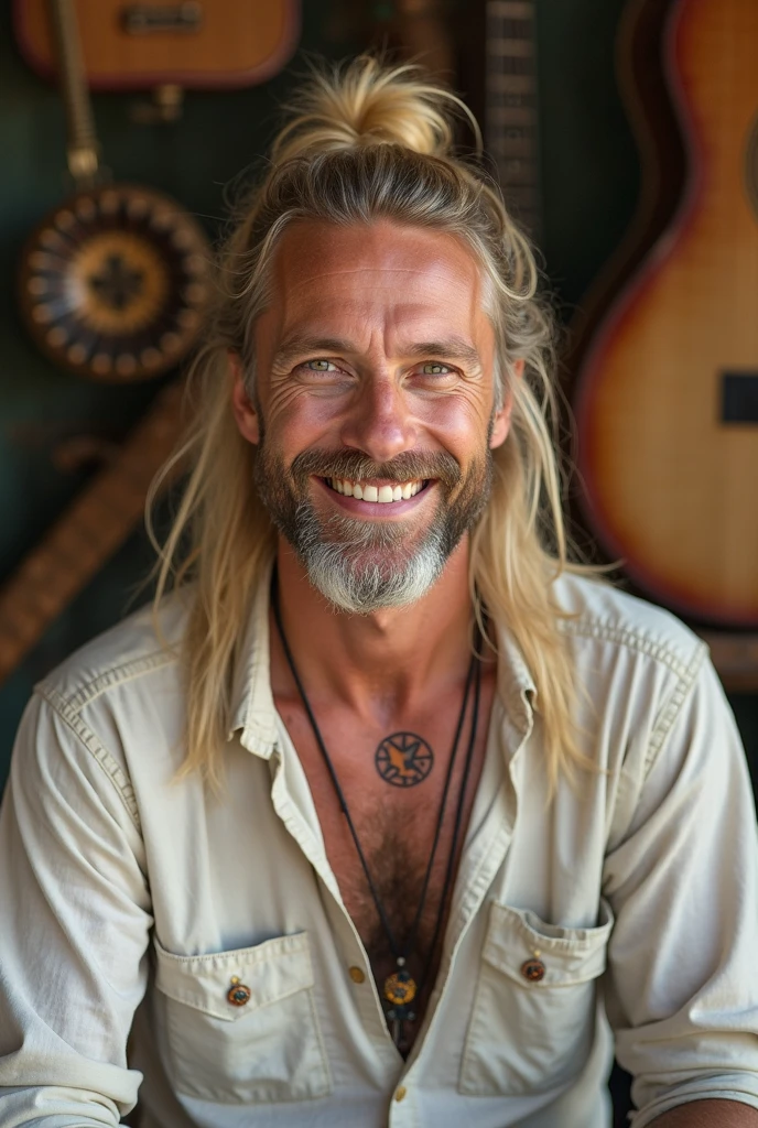 59 year old bald man with blond layered bob hair yellowish brown eyes muscular body with veins wearing hoop piercings in his ear and an Indian necklace completely naked lying on the edge of a river with a large erect penis