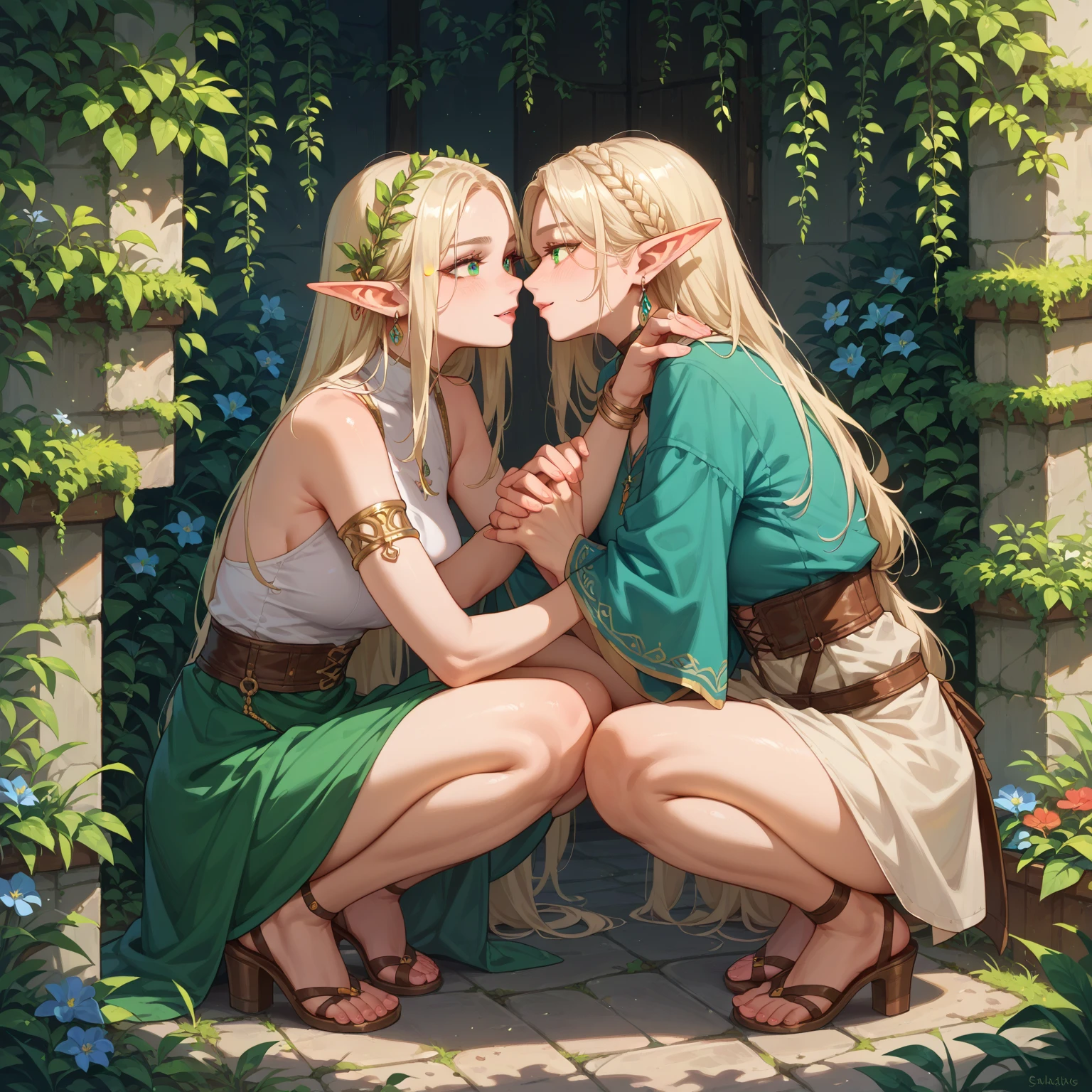 (best quality,ultra-detailed,highres:1.2),realistic,massive round breasts,playful girls,two girls,body touching,blonde hair,muti-coloured hair. twin tails hairstyle.,spreading legs,panties on the floor,bra hanging,naked girls,passionate movement,soft skin,vibrant colors,intimate moment,innocent exploration,lively expressions,warm lighting,natural beauty,subtle shadows,gentle caress,joyful atmosphere,sensual energy,artistic composition,graceful poses,whispered secrets,embrace of youth,curiosity unleashed,effortless connection,unforgettable memories,authentic emotions,two souls intertwined,serenity found,happiness captured,irresistible charm,unveiling desire,daring vulnerability,flawless figures,feminine grace. kissing. bodies pressed together. nudity. visible nipples. Raining. Wet skin. Wet bodies. saturated. dripping wet hair. Outdoors. forest. Jewels. Marcille Donato. Elf, Elf ears. green eyes