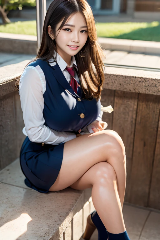 (Masterpiece, BestQuality:1.1), (ultra detailed 8k cg:1.2), (hyperrealistic:1.35), (Photorealistic:1.45), (realistic:1.4), [cowboy shot], (Soft lighting),
1 beautiful Japanese girl, 20 years old, supermodel, Japanese Idol, (smile), Large Breasts, (Sweat skin:1.2),
(school uniform:1.2), (sitting on ground:1.1), (spread legs),