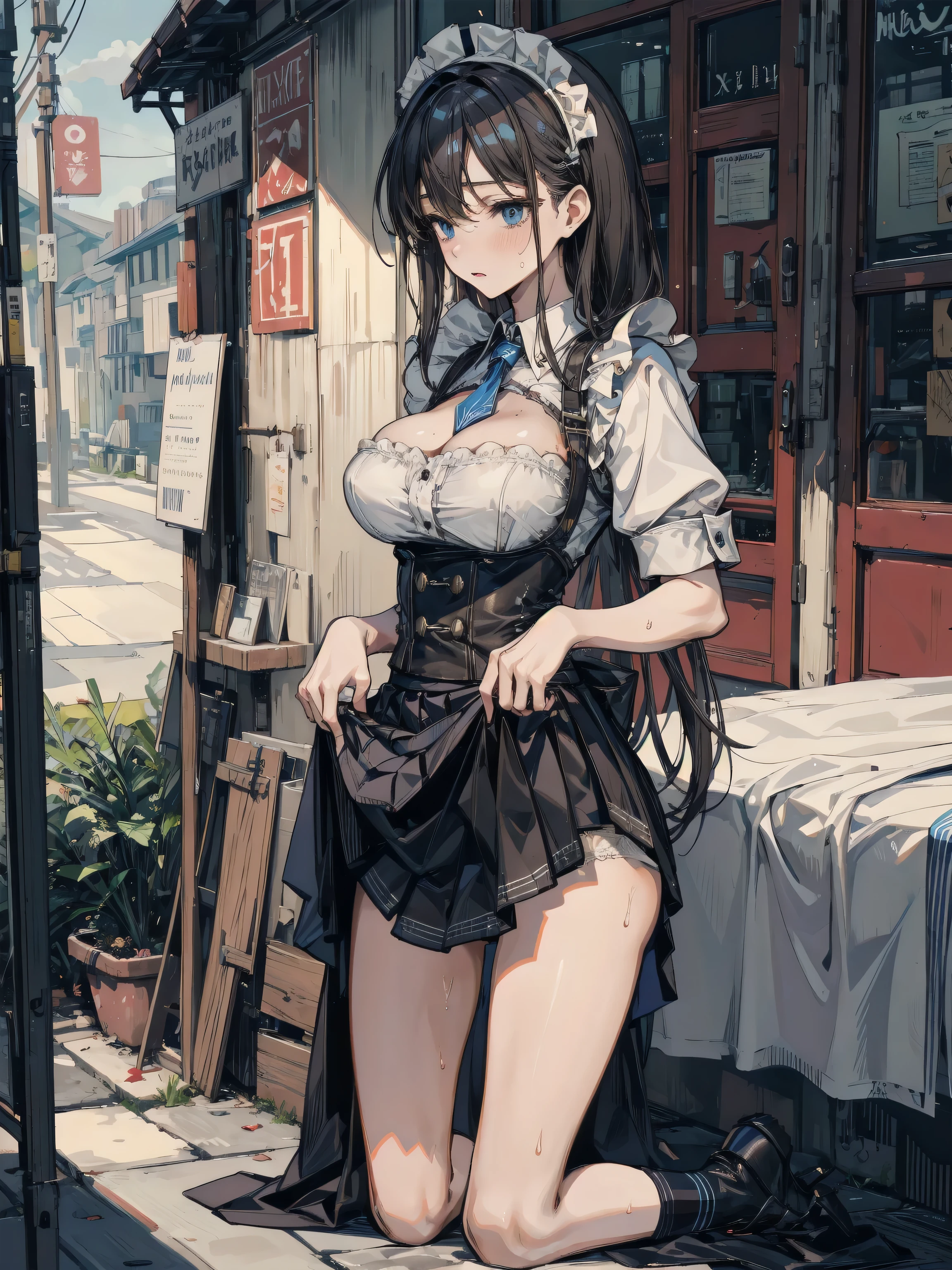 (ultra high resolution, 8K RAW photo, photo realistics, thin outline:1.3, clear focus), best qualtiy, natural lighting, textile shading, blurry back ground, field depth, bokeh, (Bright pupils, fine detailed beautiful eyes with highlight:1.3, high detailed face), Red lip, fine realistic skins:1.1, looking down viewers:1.3, (dynamic angle:1.3, front view:1.1, breast focus:1.3, from below:1.2), (dynamic posing:1.5, sexy posing:1.2, leaning forward), (seductive smiling:1.3), centered image, (wearing white long jacket and clothes, wearing white robes:1.3, ((bare breast:1.37)), platinum ornaments, rolling white clothes around waist, camel-brown long leather boots:1.3, translucent lace pantyhose), ((correct anatomy:1.5)), ((outdoor:1.2, in a sunny:1.3)),