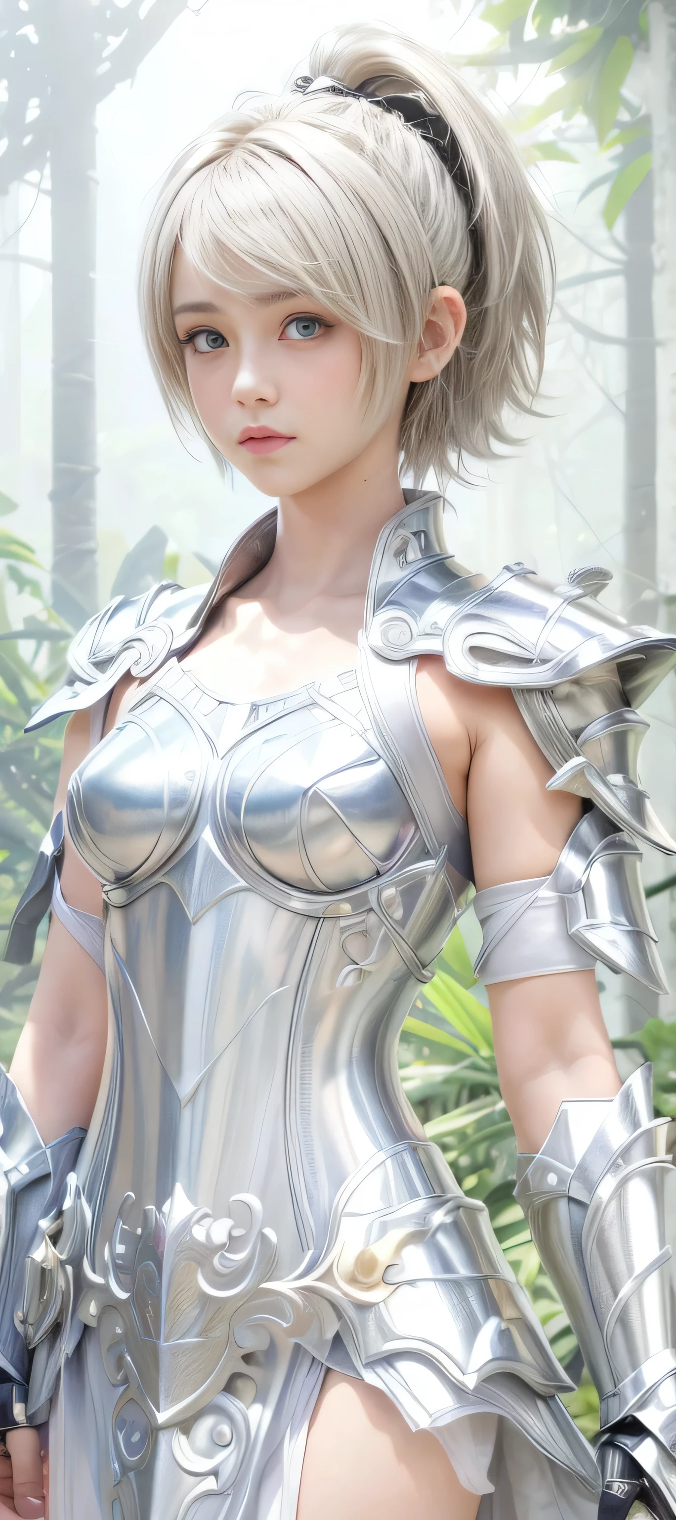 masterpiece, best quality, (realistic,photo-realistic:1.4), (RAW photo:1.2), extremely detailed CG unity 8k wallpaper, delicate and beautiful, amazing, finely detail,official art, absurdres, incredibly absurdres, huge filesize, ultra-detailed, extremely detailed, extremely detailed girl,extremely detailed eyes and face, light on face,little smiles,(short hair:1.7),(white hair:1.3),(jungle background:1.4),lunafreya,(girl:1.3),(god cloth:1.5),(armor:1.5),navel,ponytail,torn clothes, white dress