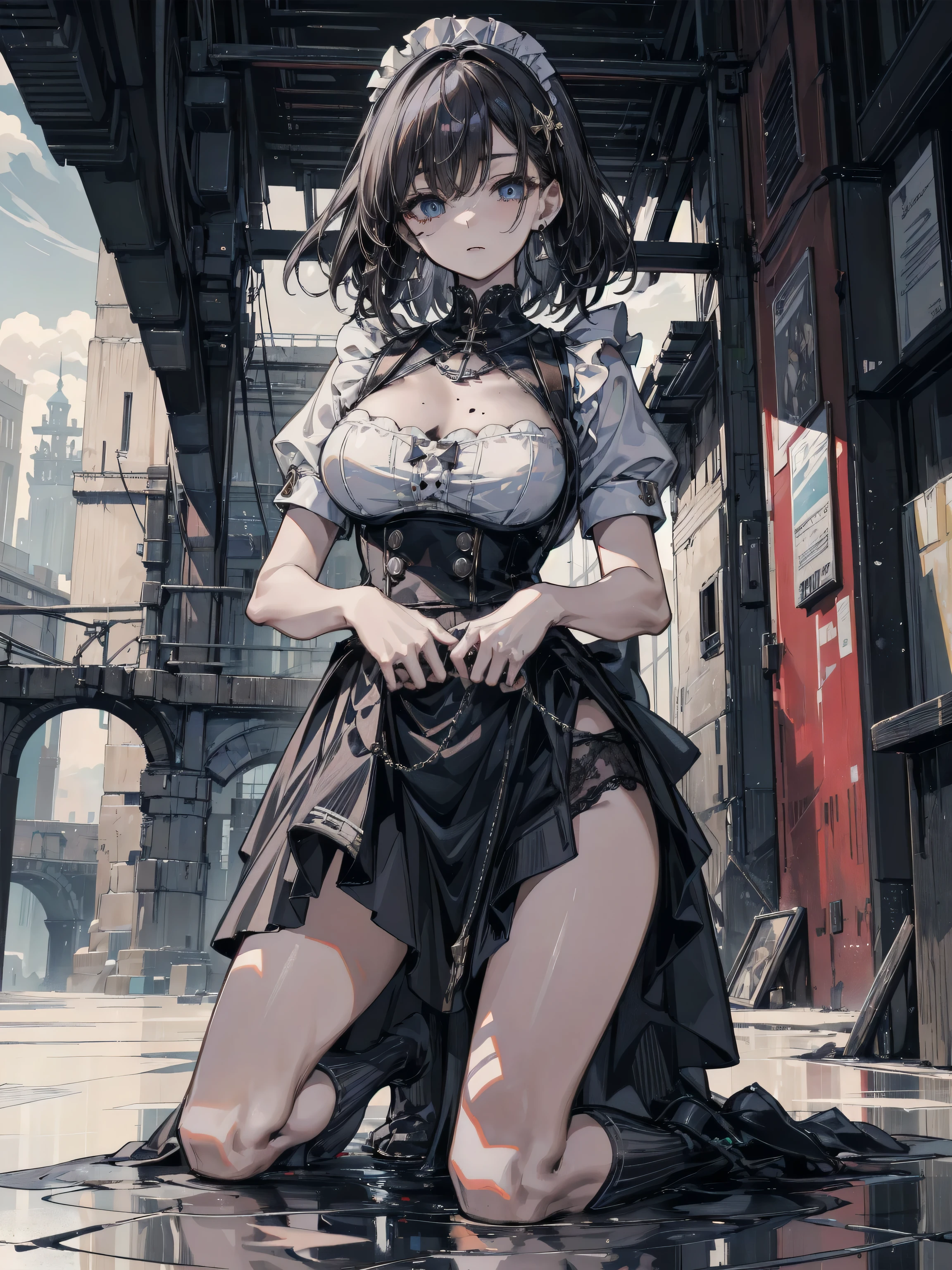 full body, solo, alone, delicate facial features, medium tits, medium hair, black hair, tearful mole, earring, dress, cleavage, street,