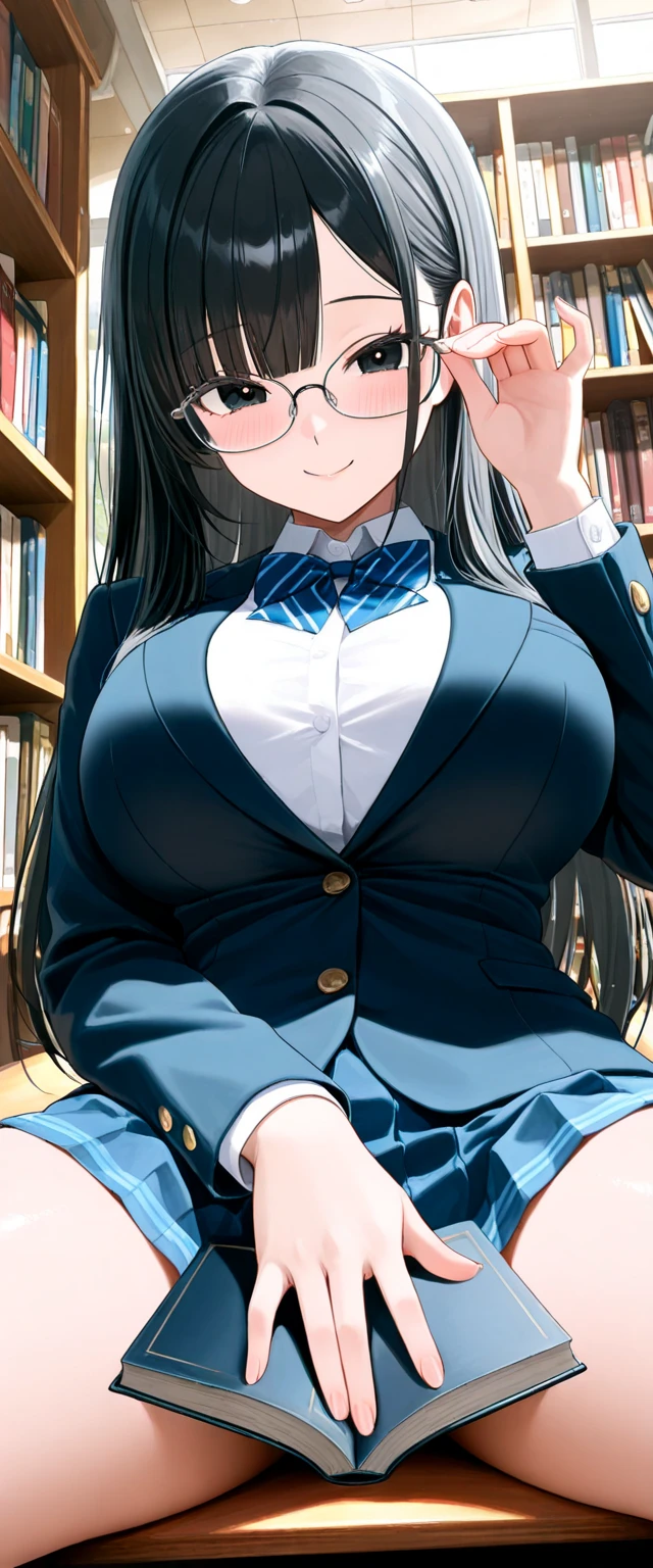 high quality,masterpiece。cute long black hair woman,Hairstyle is long straight。She stands upright with her face and body facing the viewer,true identity。her hands are empty,Both hands are not posed。she looks tall。Her breasts are huge and very big,Good style。She has a cute face that looks good with glasses and is smiling with her glasses on.,Both eye colors are brown。Clothes: dark blue school uniform,navy blue blazer,navy blue skirt。black stockings on both legs。she is standing,The place I'm standing is the classroom。