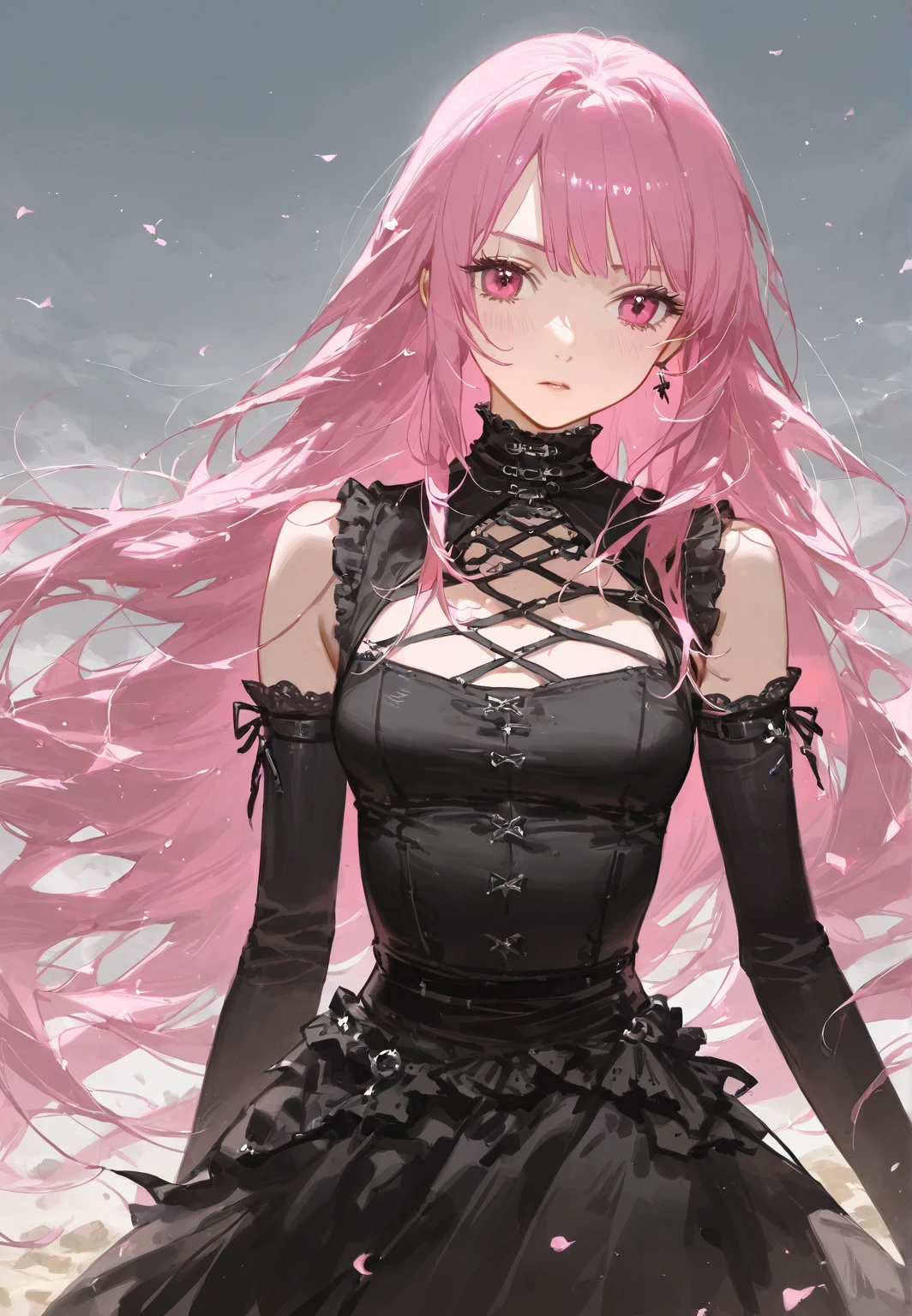 Yorra didn't. 2 Type B, 1girl, Wlop, breasts, neckline, neckline cutout, clothing cutout, Shinobi clothes, Dark background, hair between eyes, Hair Band, Highres, Juliet Sleeves, Long Sleeves, Nier (series), Nier Automata, Puffy Sleeves, Red Lips, Shaded Face, Long Wavy Pink Hair, Solo, Purple Dress with Black Details, 8K