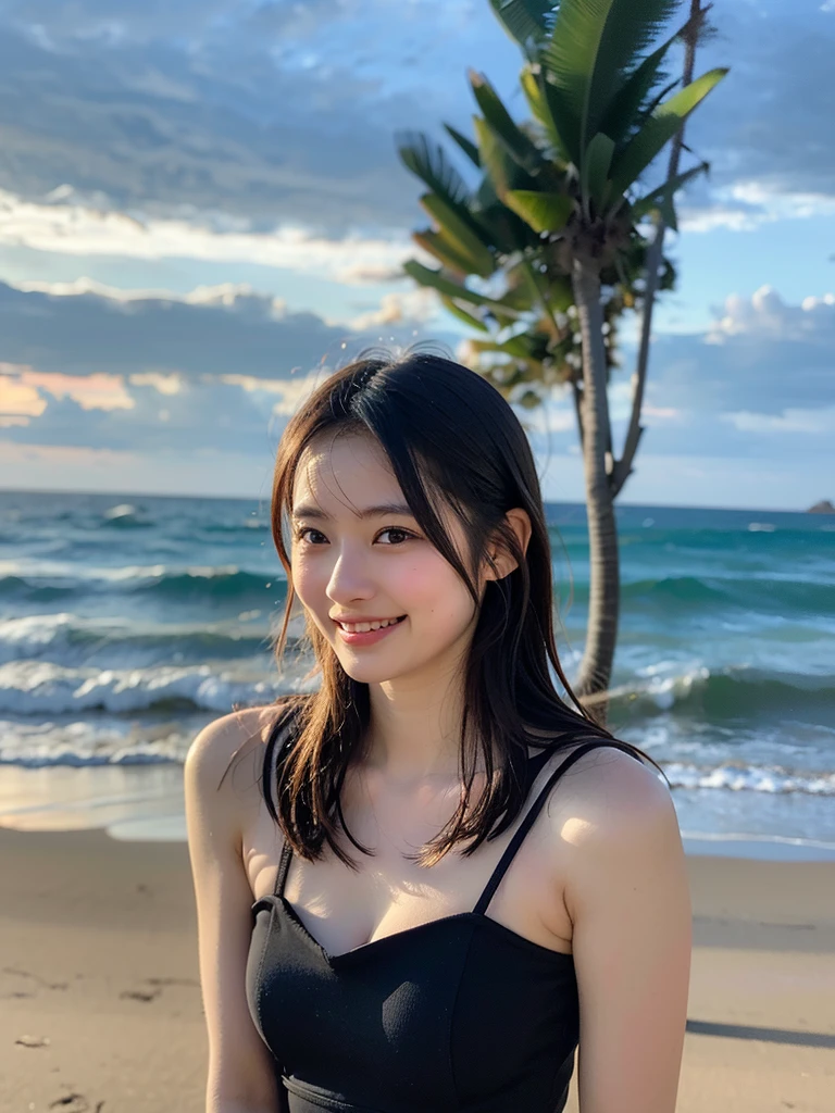 1girl, solo, highres, best_quality, masterpiece, detailed_background, intricate_details, beautiful, okinawa, kouri_island, ocean_view, bridge, summer_clothes, casual_clothes, smile, looking_at_viewer, dynamic_pose, natural_pose, candid, happy