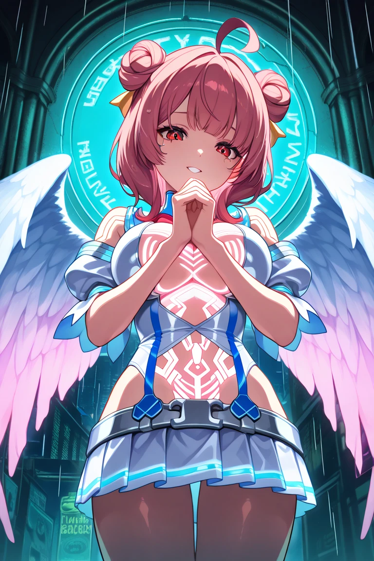 Ikaros, pink hair, esmerald eyes, angel wings, bare shoulders, broken chain, chain, cleavage, collar, collarbone, feathered wings, navel, pink wings, pleated skirt, red ribbon, ribbon, robot ears, skirt, thighhighs, white skirt, white thighhighs, wings, zettai ryouiki, ilustration, (1girl:1.4), (masterpiece, best quality, glowing light, glistening, shiny skin, ultra detailed), (perfect face, detailed face, detailed eyes,perfect hands,perfect fingers), (medium breasts, blushed), (mature female:1.4),cowboy shot,thicc), short hair, (((gradient hair))), paradise background, ((8k wallpaper))