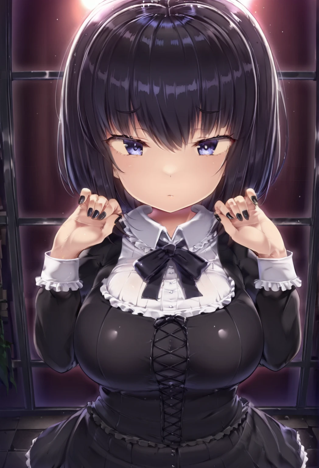score_9, socre_8, fukumaru koito, black hair, twintails, purple eyes ,1girl, standing, thick thighs, wide hip, covered nipples, embarrasses, pink theme, latex bodysuit, see-through leotard, black dress, dark and evil theme, heart shaped jems, magical girl, layered skirt, shiny skin, puffy sleeves, (pubic hair), navel, idol costume, exhausted, seductive, heavy blush, looking up, eyes up, mischievous grin, cock slumped over girl face, cock worship, penis on face, holding cock, hair grab, medium size cock, detailed background, night, moonlight, inside, office