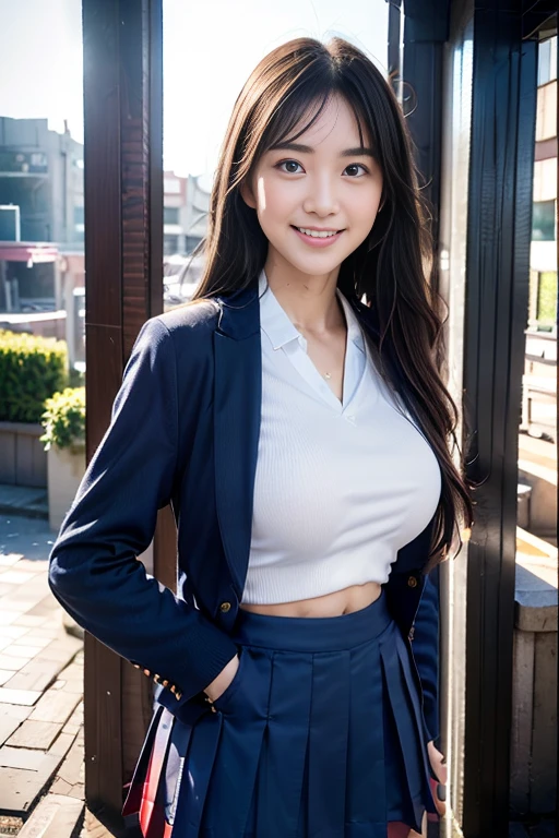 RAW photo, 1 girl, incredibly absurd, beautiful girl, (cute), (techno cut short bob hair), Depth of written boundary, High resolution, Super detailed, (delicate), very detailed, highly detailed eyes and face, sharp pupils, realistic student, sharp focus, cinematic lighting, Eye and face details, (School uniform:1.2), Cowboy Shot Full Body, (wind lift:1.7), camel toe, (Sunset), shy smile, looking at the camera, (Big breasts that are about to burst:1.3), Close-up, perfect body, sky seen from below, High School, intelligent glasses