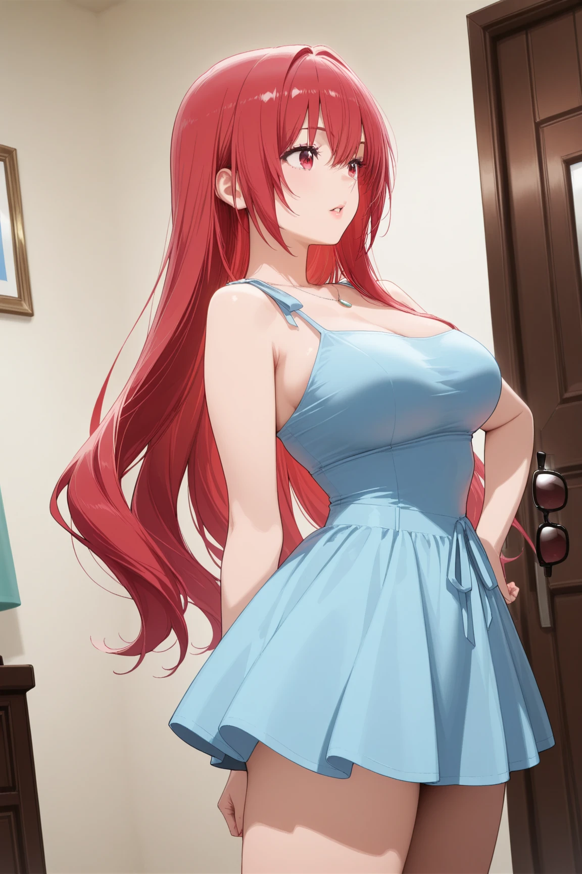 (Chelsea:1.3), long hair, blue eyes, (black spaghetti strap dress:1.3), blush, medium breasts, red hair, black spaghetti strap dress, bare arms, blue nails, bare neck, indoors room, standing up, seductive smile, Masterpiece, best quality, 1girl, detailed background, intricate details, detailed, looking at viewers, cowboy shot, in the center
