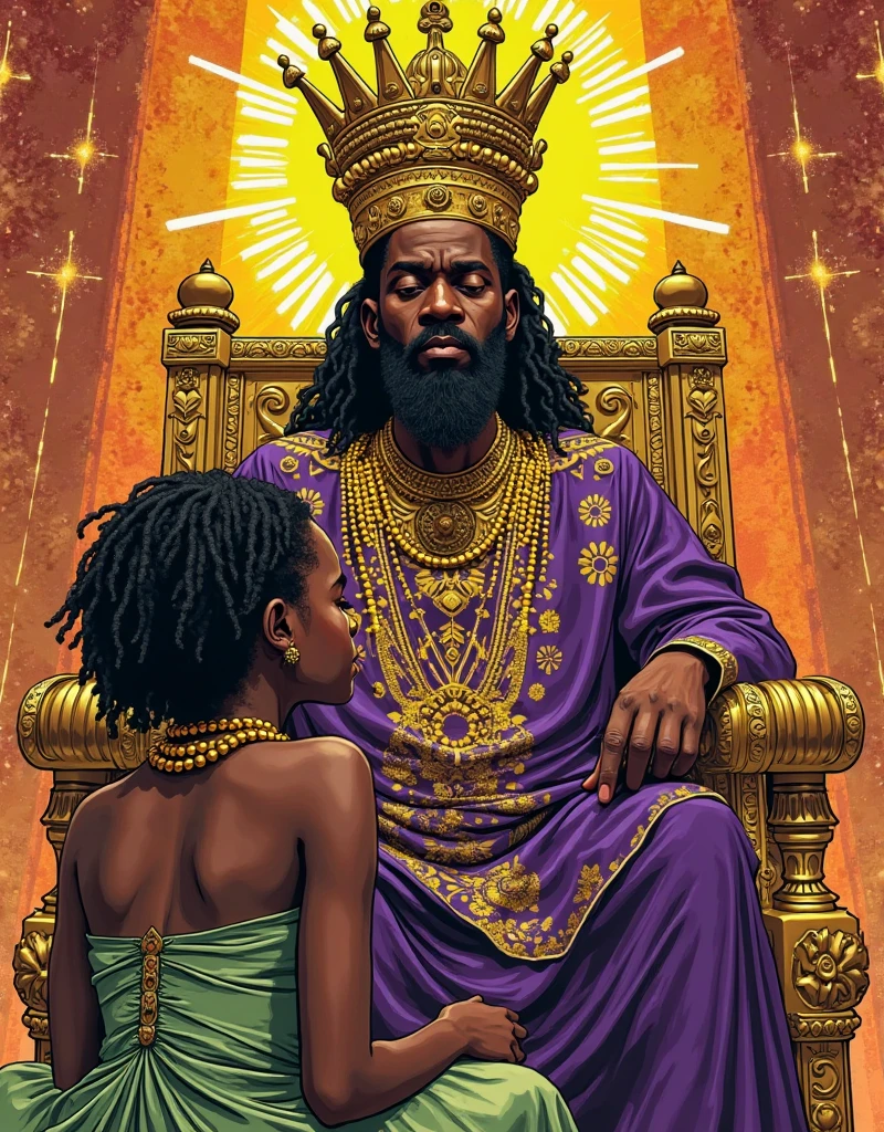 young black man from behind, shorth hair, being crowned . She looks and beholds the golden heavenly realms, with astrology elements, renaissance painting.