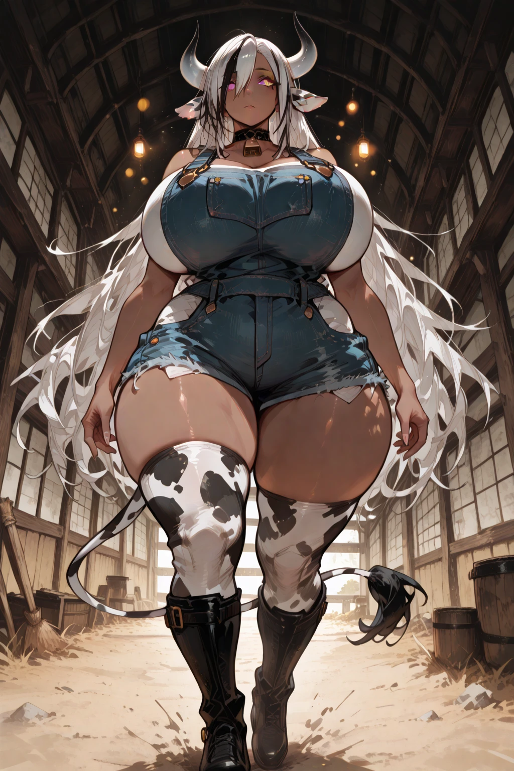 8k_wallpaper, extremely detailed eyes, extremely detailed body, (large masterpiece digital art), (detailed manga illustration), (detailed line art), ((perfect anatomy)), (intricate details:1.3), (ultra-detailed:1.3), (illustration:1.3), (sharp focus:1.3), (natural lighting:1.05), (vivid colors:1.3), (masterpiece), (best quality:1.4), (perfect anatomy:1.4), high quality, expressive eyes, full body, tall girl, detailed face, beautiful face, perfect face, detailed ((white hair)), (black hair), (pink eyes), {{dark skin}}, ({dark skinned female}), cow girl, gigantic breasts, thick thighs, very long hair, bare shoulders, denim, (blue overalls), overalls, dynamic lighting, cow print, high resolution, 4k resolution, dynamic pose, silver jewelry, {fantasy farm background}, choker, (cow ears), {{cow tail}}, (tail), ((streaked hair)), wide hips, thighhighs, horns, {cow horns}, animal ears, skin dentation, curvy, plump,