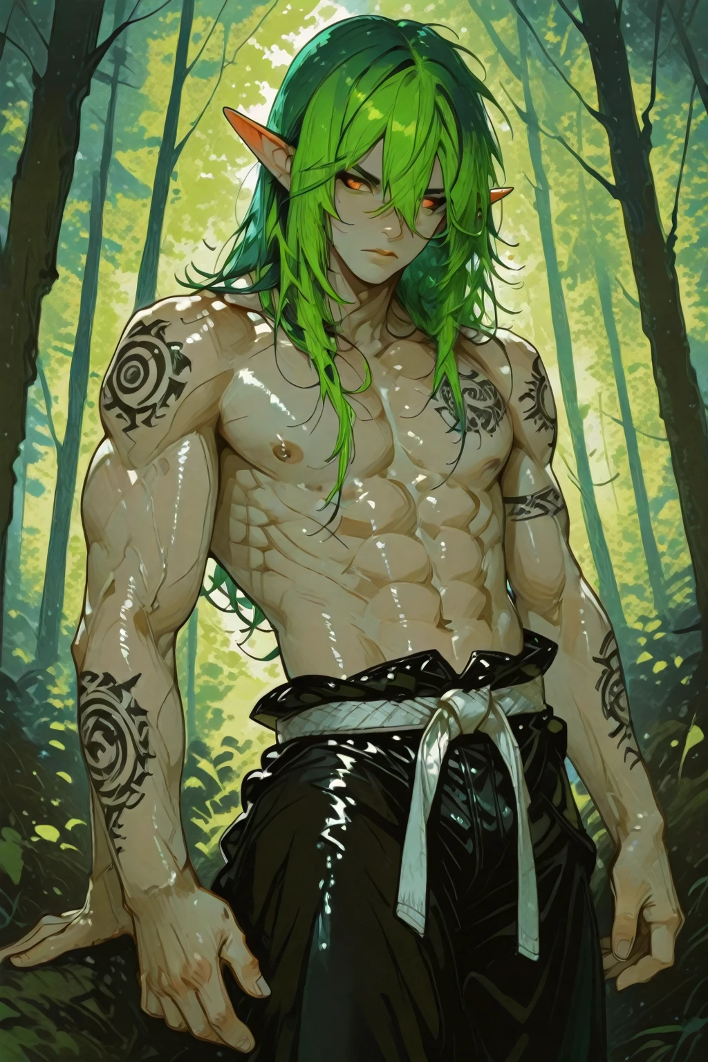(masterpiece, best quality), 1boy,  wearing micro thong, full mast, erect bulge, see-through thong , mushroom water world, wide angle, athletic body, male, iridescent skin, flat chest, silver eyes, green hair styled in spikes, determined expression, bioluminescent lighting, small waist, broad chest, big mane, slim scruffy, muscular , illustration, watercolor ink sketch, (best quality)), intricate detailed,solo, masterpiece, art by hermann nitsch, zdzislaw beksinski, dariusz zawadzki, giger, dragan bibin and l
