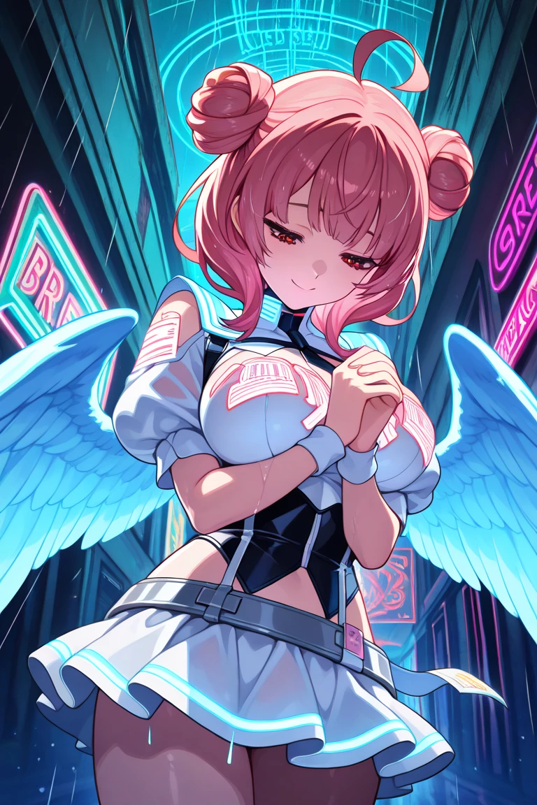 ((whole body))Icarus, Pink Hair, Eyes of Esmerald, angel wing, Expose your shoulders, Broken Lock, Cleavage, collar, collarbone, feathered wing, belly button, pink wing, Micro Bikini, Red ribbon, Robot ears, Knee socks,white Knee socks, wing, zettai ryouiki, An illustration, (One Girl:1.4), (masterpiece, highest quality, Shine光, Shine, Shiny skin, Very detailed), (Perfect Face, Detailed face, fine grain,Perfect hands,Perfect Fingers), (Mid-chest, Blushed), (Mature Woman:1.4), short hair, (((Gradient Hair))), Paradise Background, ((8k wallpaper))