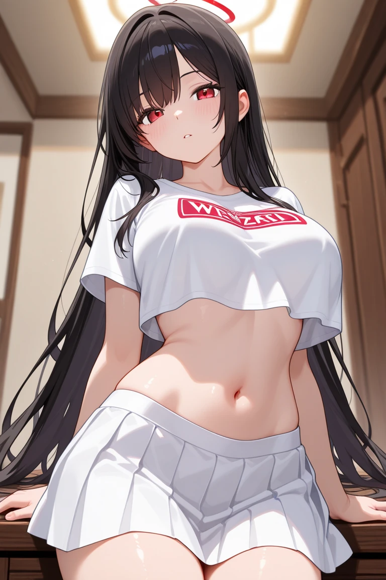 1girl, full body view, Long black hair, messy hair, Yellow eyes, Detailed eyes, Huge breast, huge thighs, massive hips, White plain top, Red shorts, barefoot, big feet, Sitting on bed, Bedroom, Slight smile,