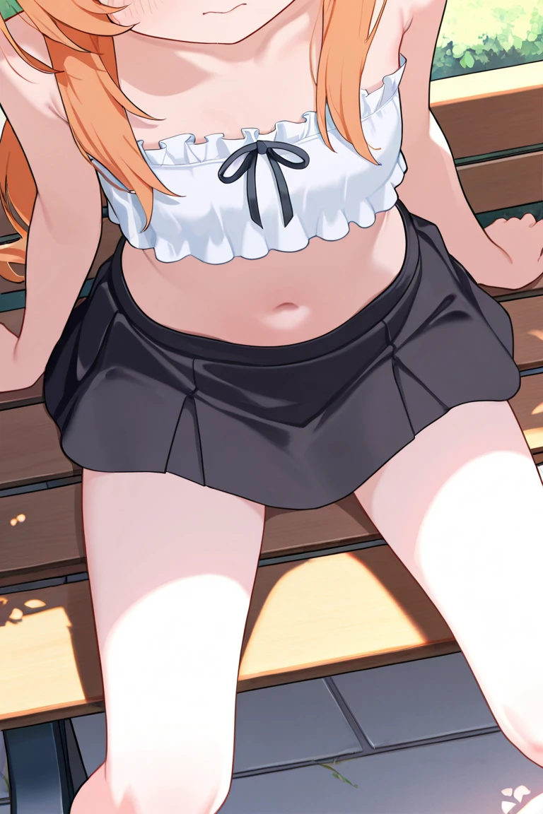 ((masterpiece))((Highest quality))girl、Laughing with your mouth open、blush、Flat Chest、Are thin、Blonde Hair、blush、Are standing、Whole body image、Eye level on face、、No background、Blue clothes、Hair is two colors、Twin tails、Red Eyes、Two-tone red and yellow hair、With open arms